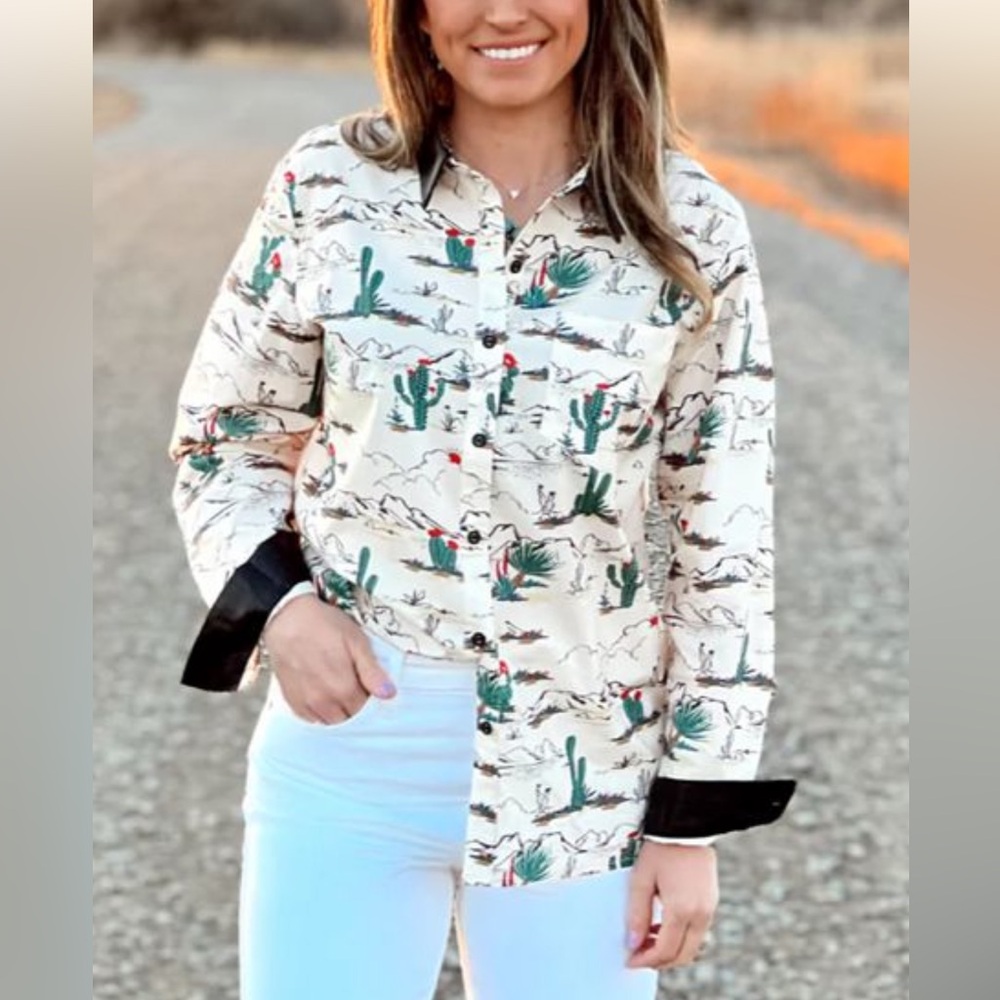 Layerz Clothing Desert Cactus Print Button Down‎ Shirt Faux Leather Trim 2XL NEW